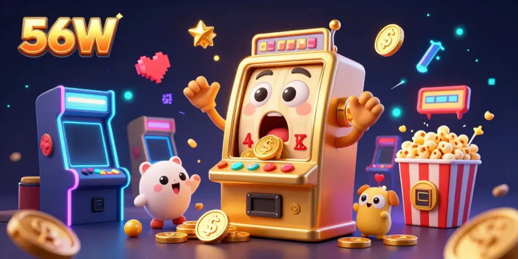 Experience the thrilling jackpot action at 56W with vibrant slot machines and dynamic casino elements.