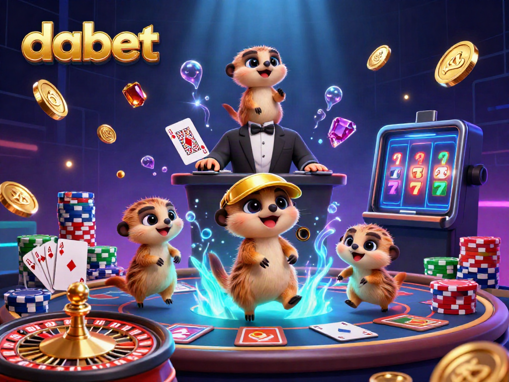 Dabet casino scene with playful meerkats managing games, showcasing chips and golden coins.