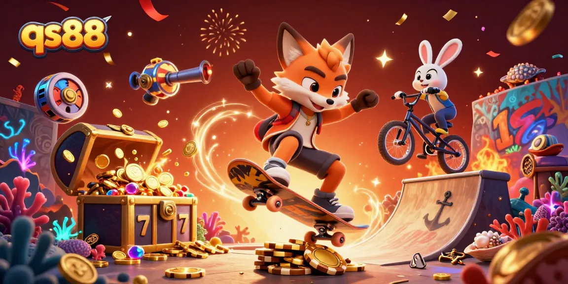 Engage in thrilling gameplay at qs88, showcasing a cartoon fox skateboarding with casino elements.