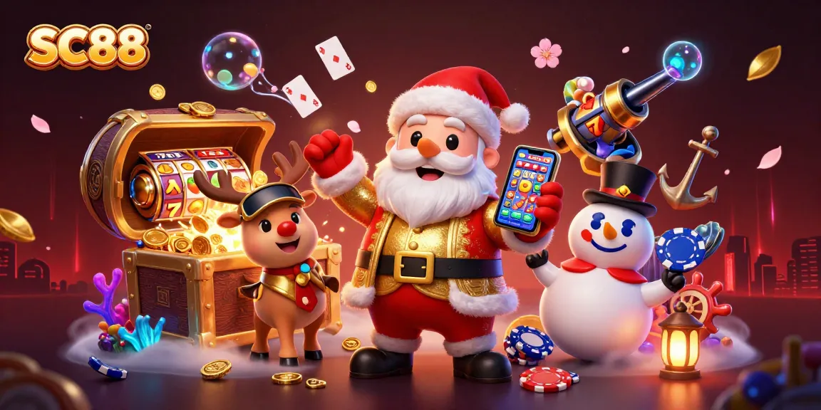 Experience SC88 jackpot excitement with Santa and friends in a vibrant casino scene.