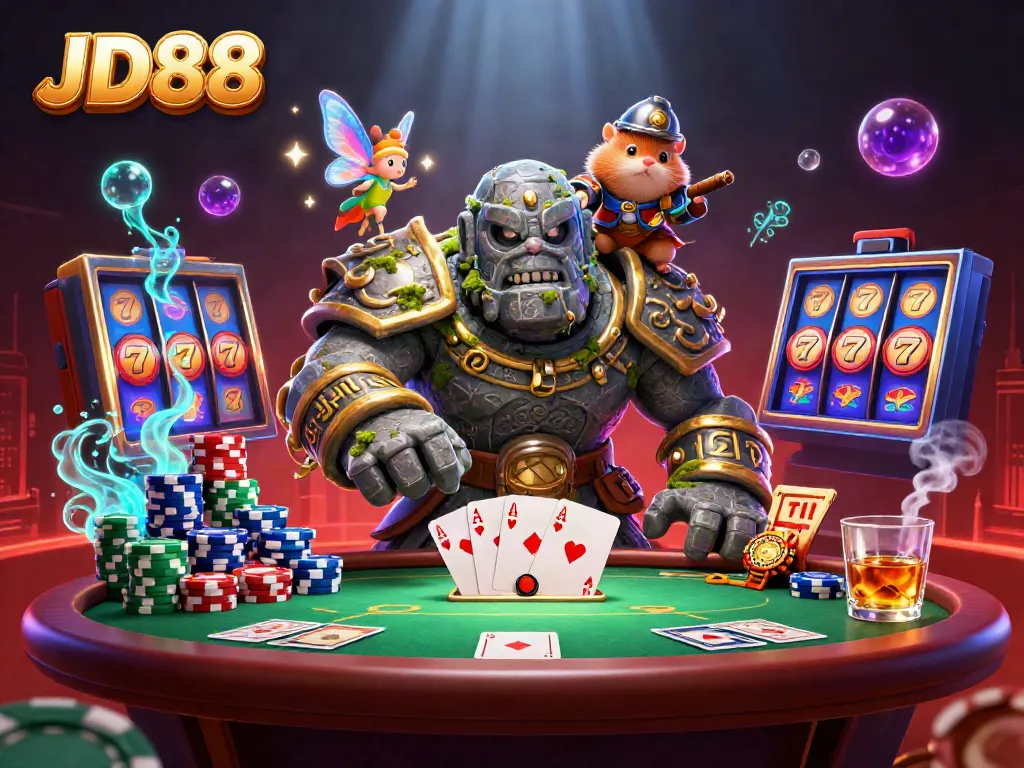 Engage in thrilling poker action at JD88 with lively characters amidst rich casino elements.