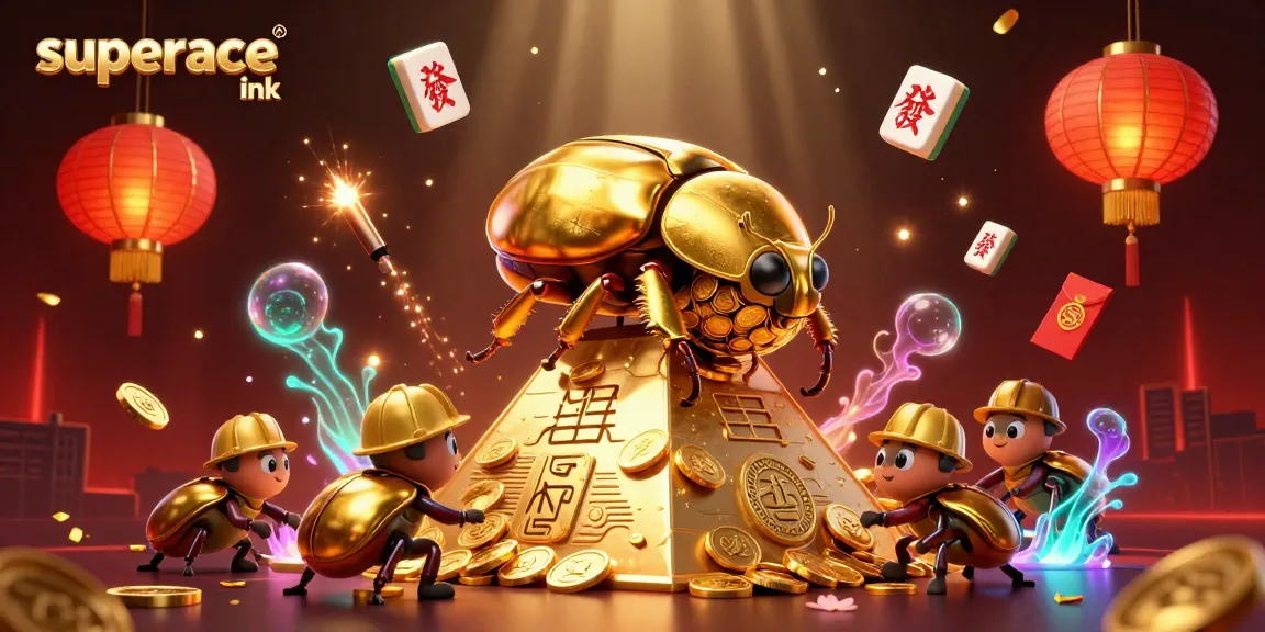 Engage with superace ink's vibrant casino themes featuring a golden beetle amidst dynamic gambling elements.
