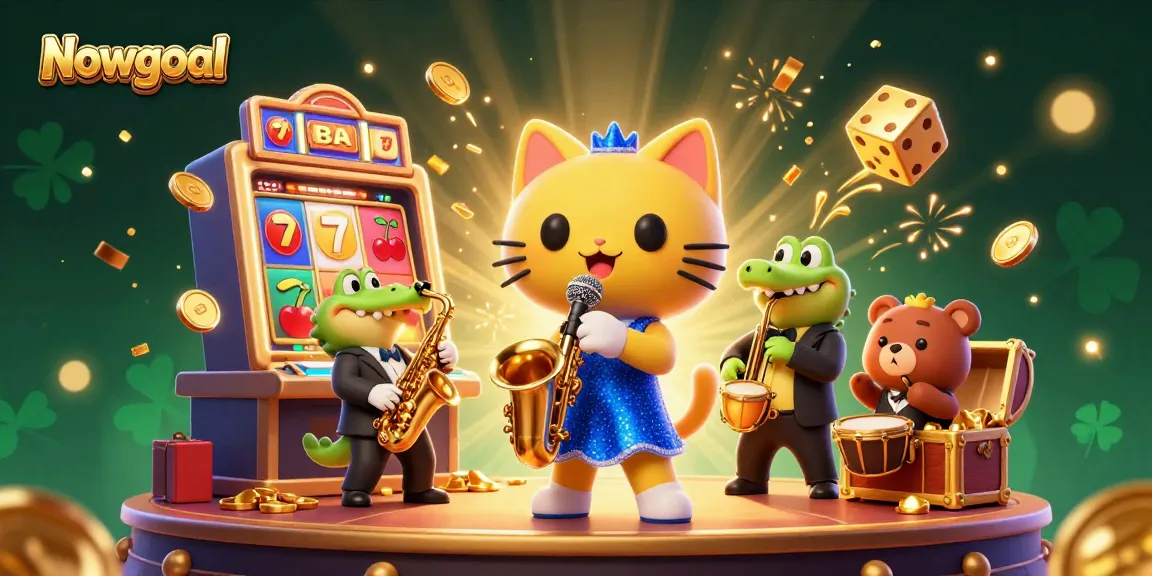 Nowgoal celebrates with a lively casino scene featuring a jazz-singer cat and vibrant game symbols.