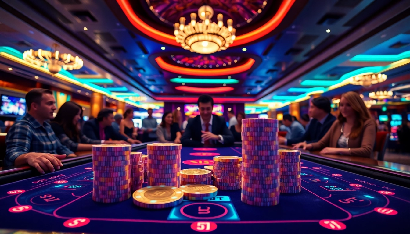 Jouer à un casino crypto USDT avec des jetons colorés et des lumières vibrantes dans un cadre élégant.