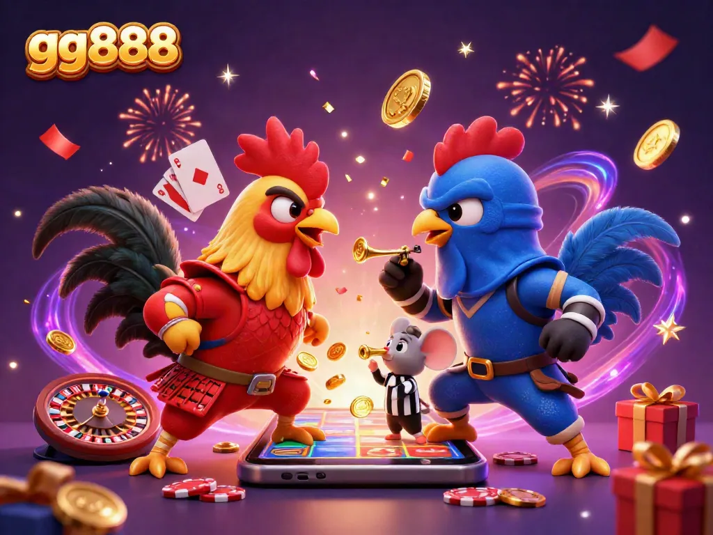 Engage in thrilling gameplay with gg888 featuring cartoon roosters battling in a vibrant casino atmosphere.