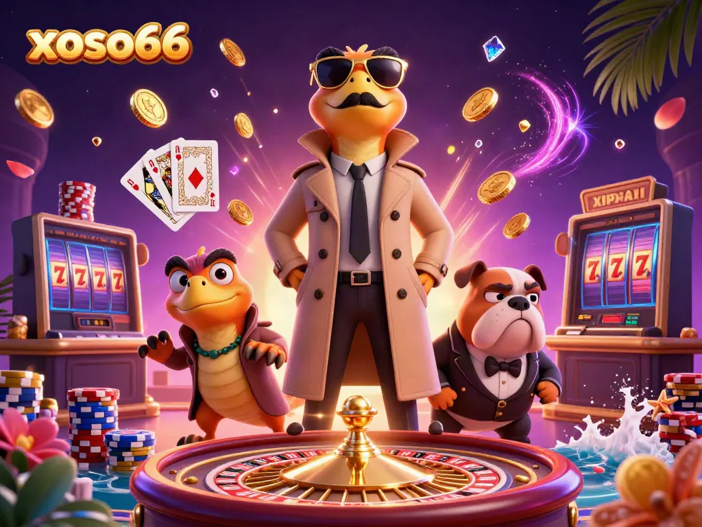Experience thrilling fun and excitement with xoso66, where three quirky raptors plan their entrance into a VIP casino lounge.