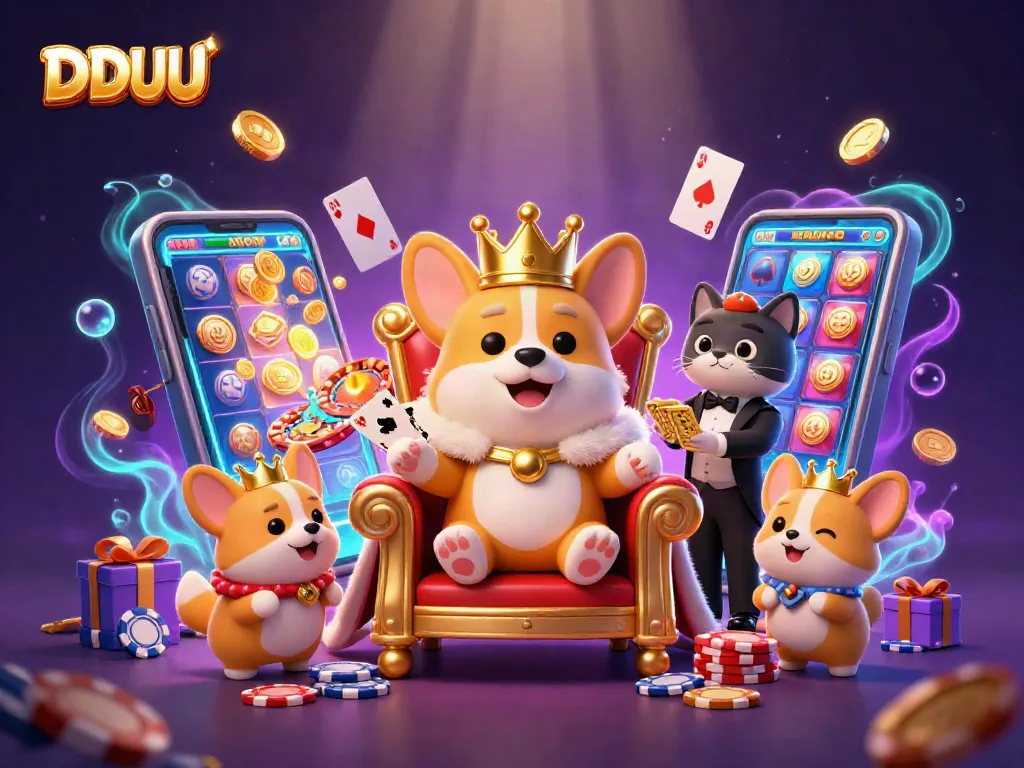 Experience DDUU's vibrant gaming world with a regal corgi and dynamic casino elements.