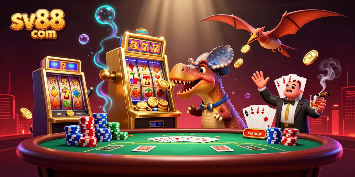 Experience winning at sv88 com as a dinosaur celebrates jackpot wins amidst vibrant casino chaos