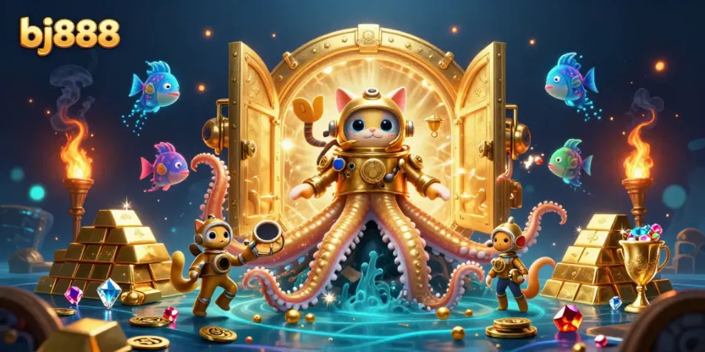 Experience the thrilling world of bj888 with a colossal kraken, diving cat, and treasure galore in this vibrant 3D scene.