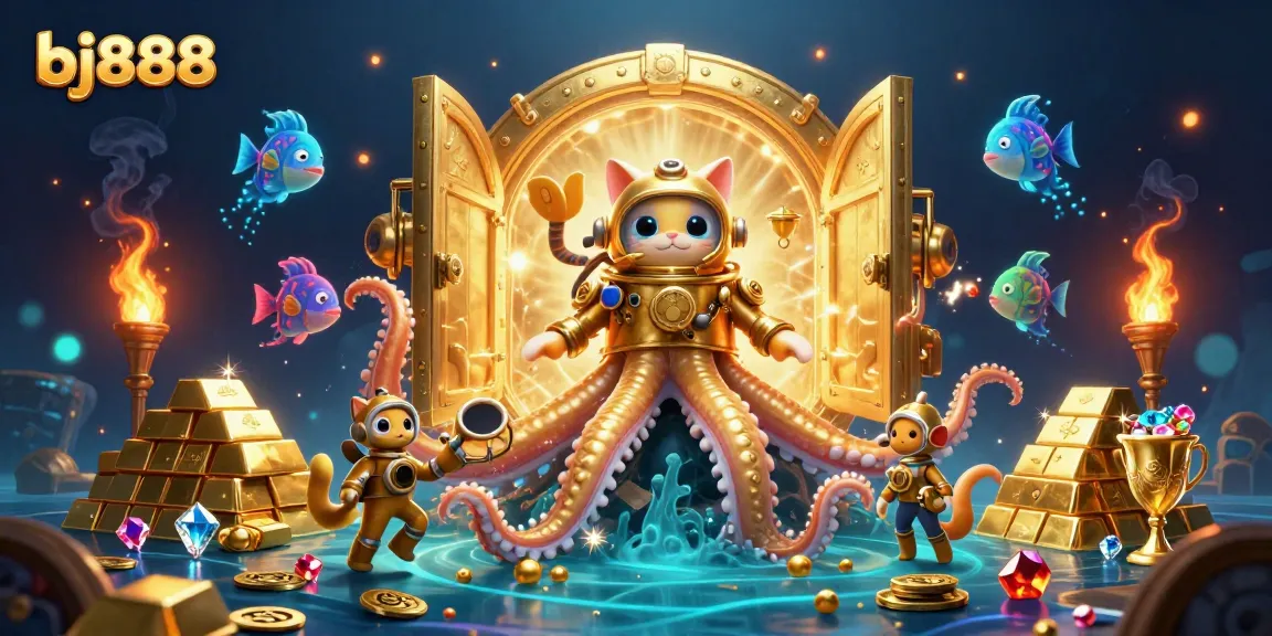 Experience the thrilling world of bj888 with a colossal kraken, diving cat, and treasure galore in this vibrant 3D scene.