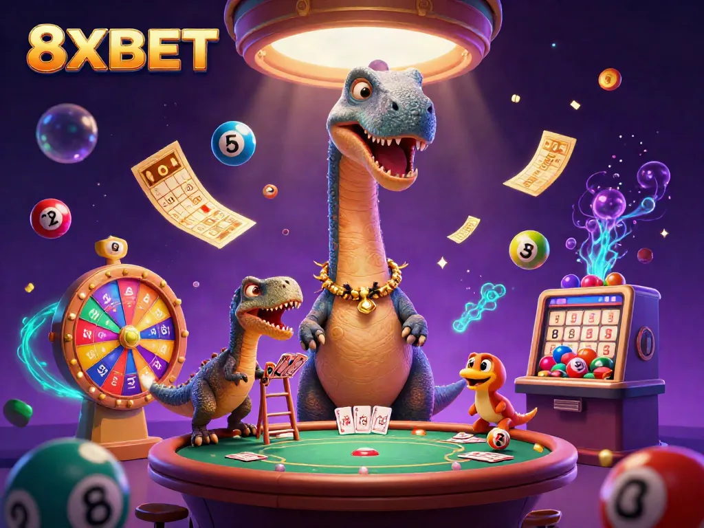 Experience the thrilling essence of 8XBET with a vibrant, fun-filled casino scene.