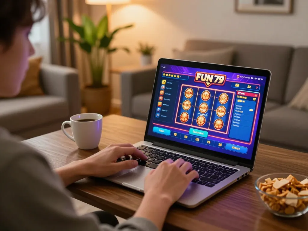 Playing fun 79 slot games online from a cozy living room setup with laptop and snacks