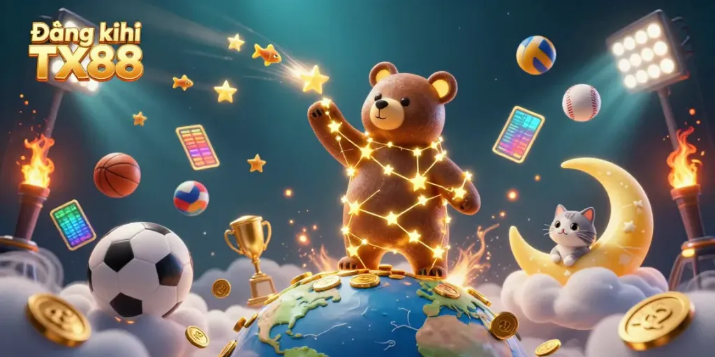 Experience Đăng ký TX88 with an engaging scene of a constellation bear and vibrant gaming elements.