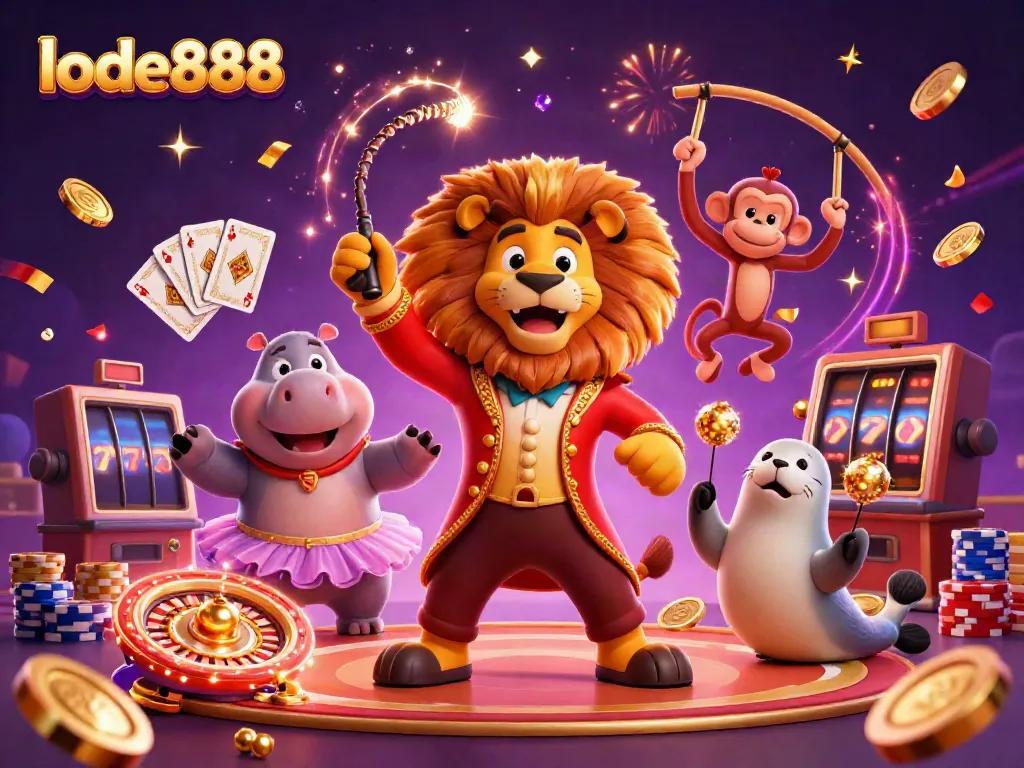 Experience the excitement of lode888 with a vibrant 3D casino illustration featuring engaging cartoon characters and game elements.