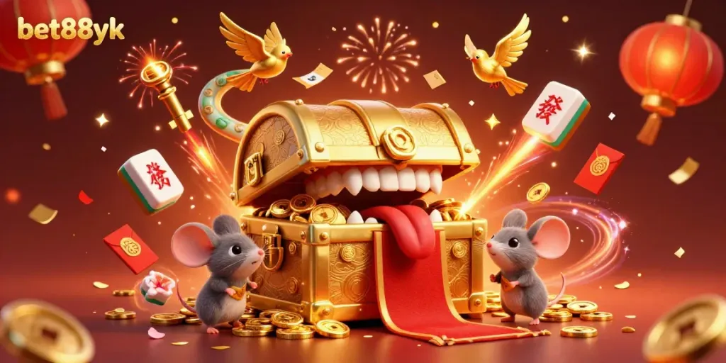 Bet88yk captivates players with a lively 3D casino illustration showcasing treasure chests, lucky symbols, and festive energy.