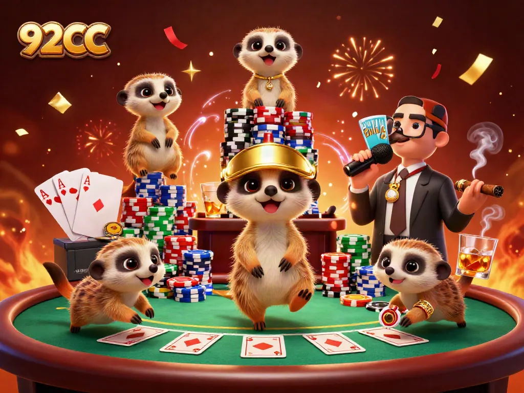 Engage in thrilling gameplay with 92CC as meerkats operate a lively casino scene filled with chips and cards.