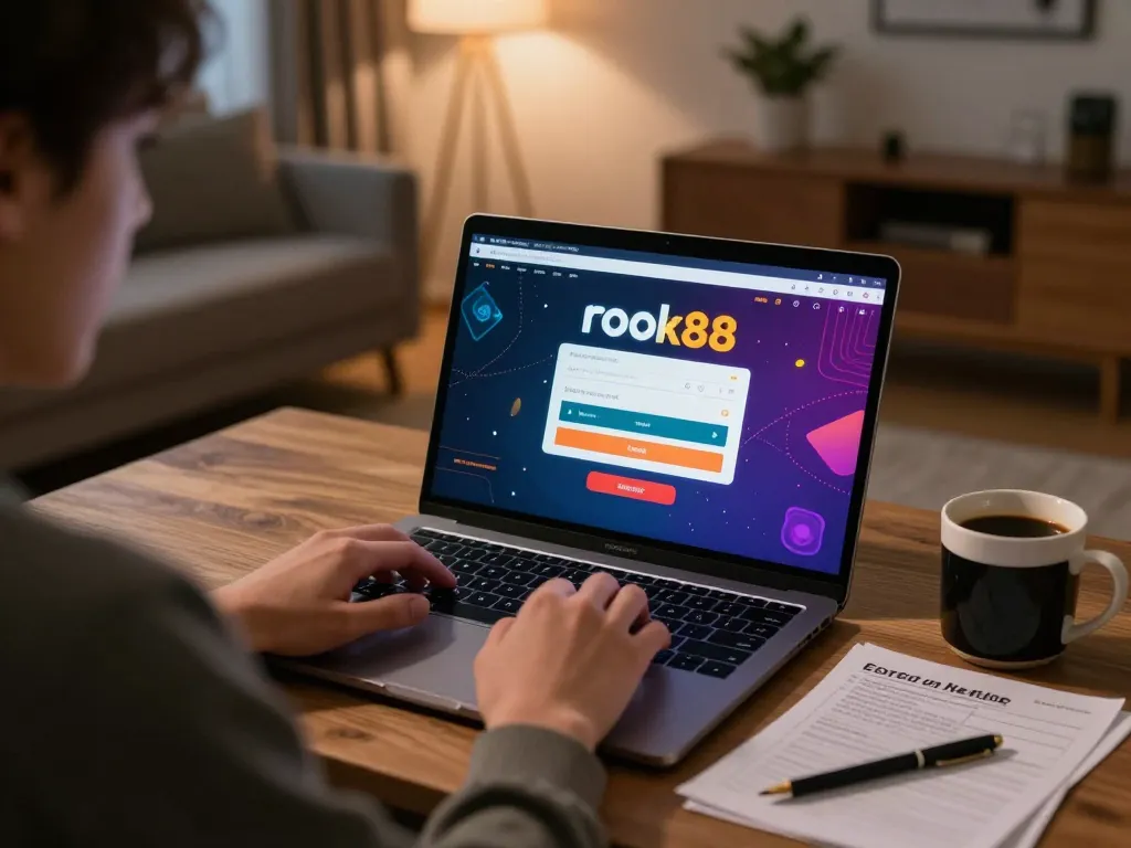 Engaging with rokok88 login for online gambling on a laptop in a cozy home setting.