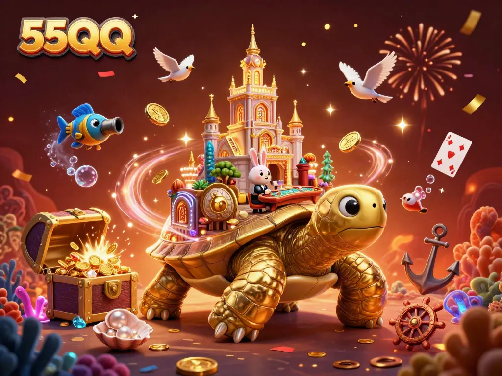 Experience exciting gameplay with the 55QQ casino as golden coins rain down in a vibrant 3D scene.