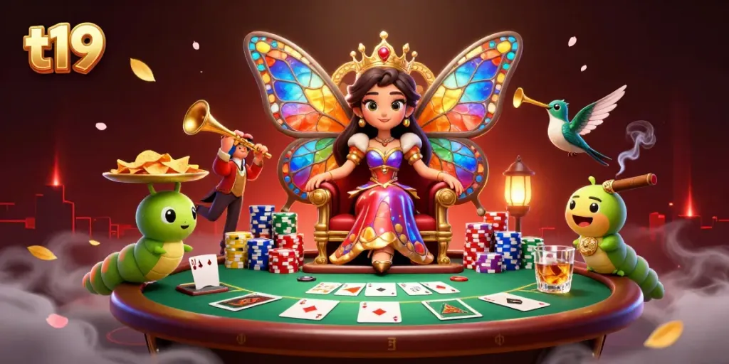 T19 portrays engaging casino atmosphere with a magnificent butterfly queen and vibrant poker elements.