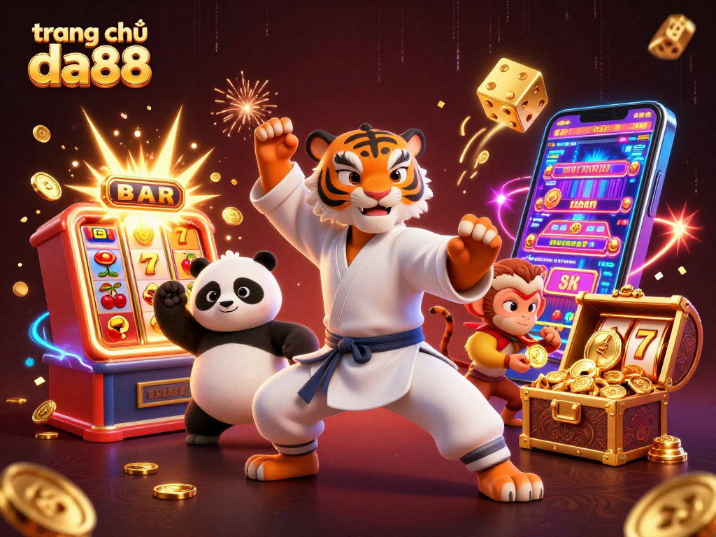 Enjoy the thrilling action of trang chủ da88 with vibrant characters around a slot machine bursting with coins.