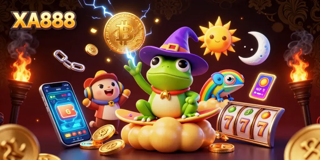 Experience the thrill of XA888 as the wizard frog conjures golden coins amidst vibrant casino elements.