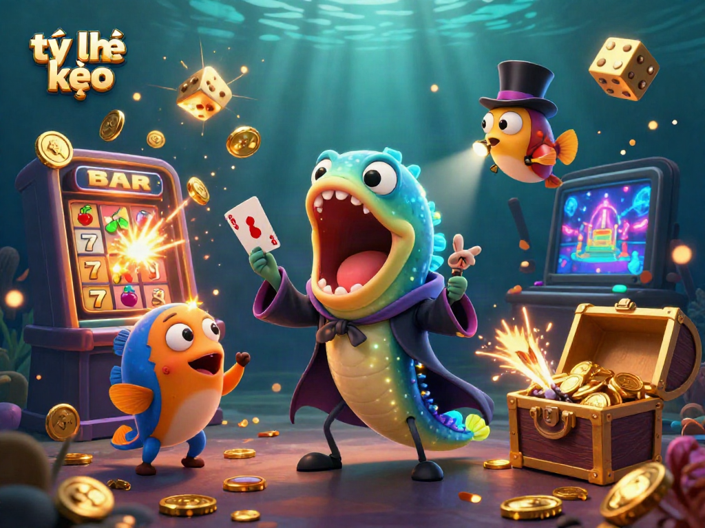 A vibrant scene of tỷ lệ kèo showcasing a deep-sea magician eel performing card tricks amidst a casino explosion of gold and lights.