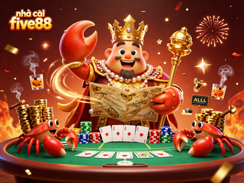 Immerse in the excitement of nhà cái five88 with a dynamic casino scene featuring a golden crab emperor and poker elements.