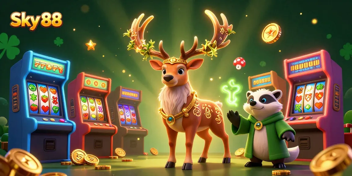 Experience the excitement of Sky 88 with a captivating 3D illustration of casino-themed characters and slot elements.