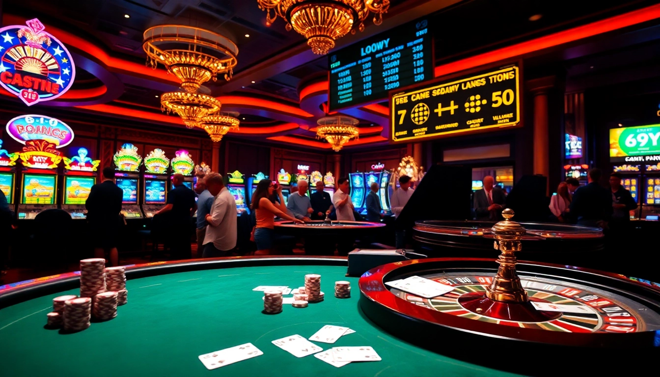 Cena de cassino envolvente com jogadores na mesa de poker 69Y, cercada por caça-níqueis vibrantes e roleta.