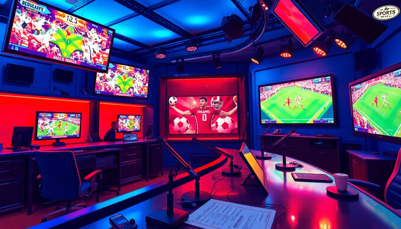 Engaging scene of sports broadcasting featuring commentators and live sports events.