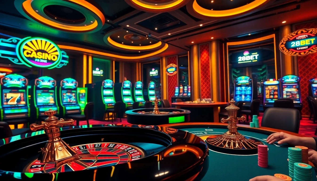 Experience the thrill of a luxurious game at Nhà cái 28BET featuring vibrant slot machines and roulette.