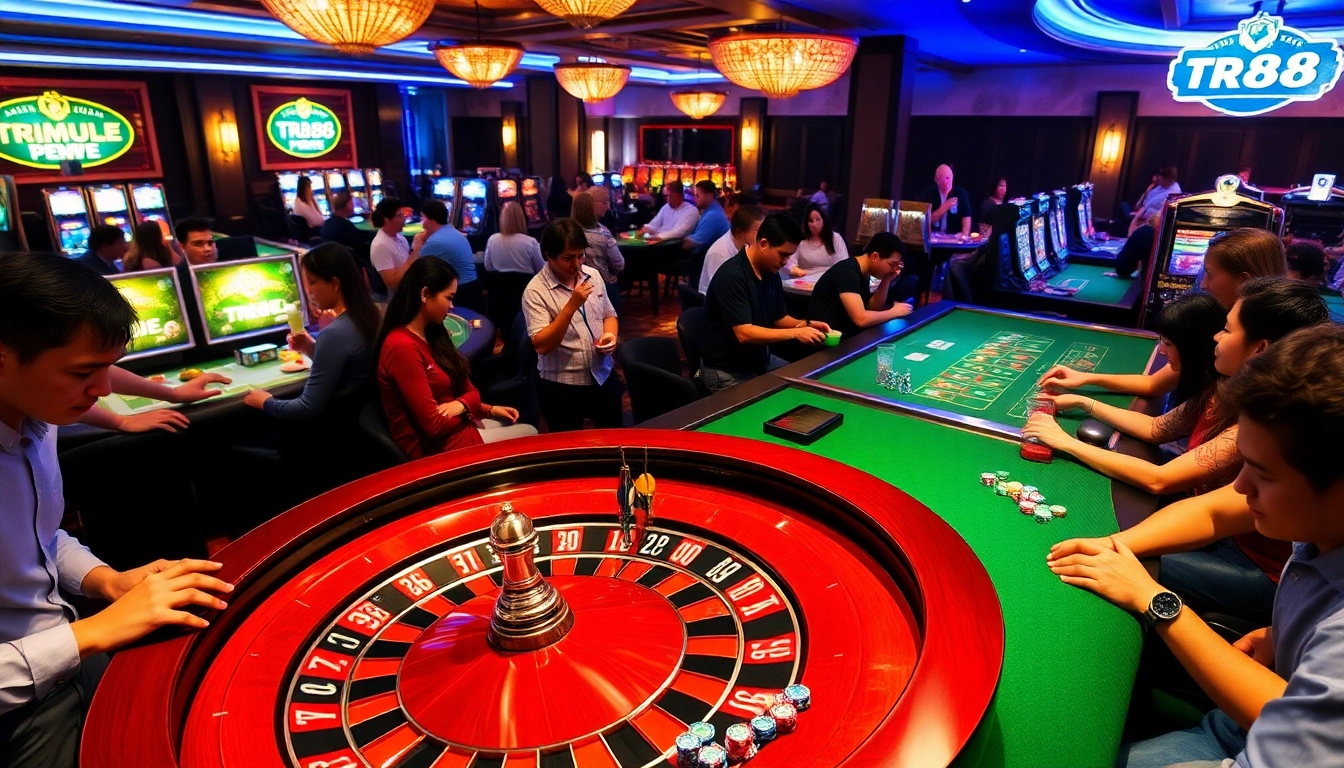 Exciting atmosphere at TR88 casino with players engaging at roulette and slot machines.