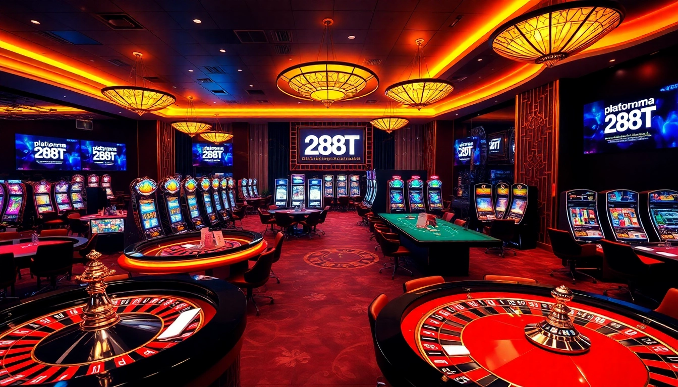 Exciting gambling scene on plataforma 288T, featuring roulette, poker, and vibrant slot machines.