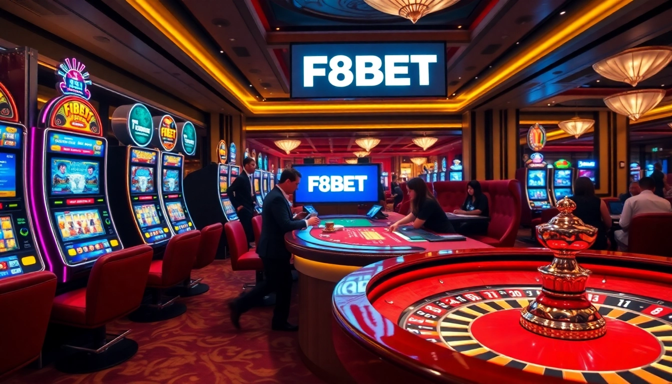 Players winning big at F8BET's luxurious casino with vibrant slot machines.