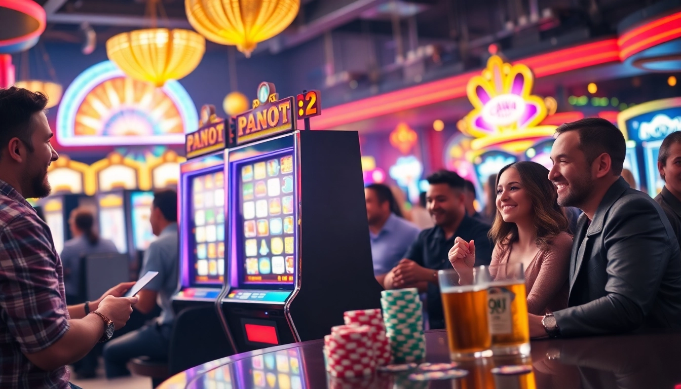 Neue casino bonus ohne einzahlung an einem aufregenden Spielautomaten mit lebhaften Spielern.