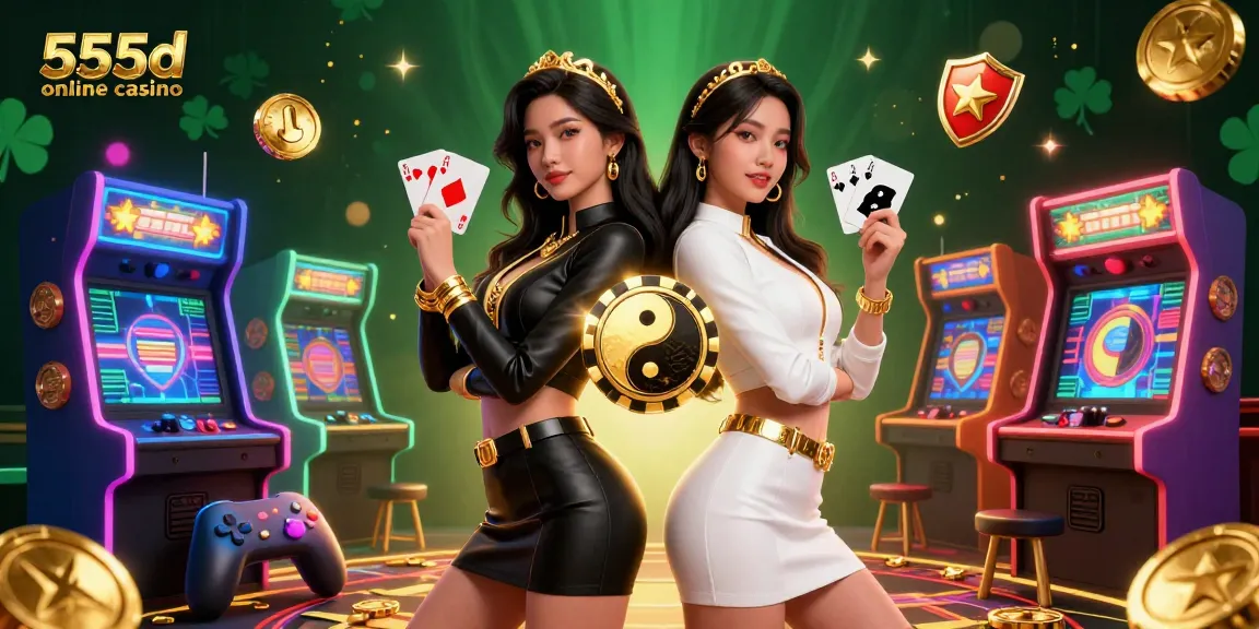 Experience thrilling gameplay at 555d online casino with stunning twin Asian women showcasing cards.