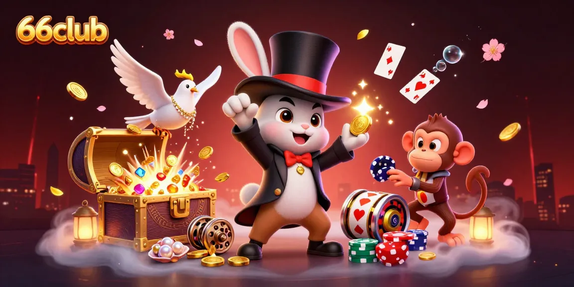 Experience the thrilling world of 66club with a magical casino illustration featuring vibrant characters and jackpot excitement.