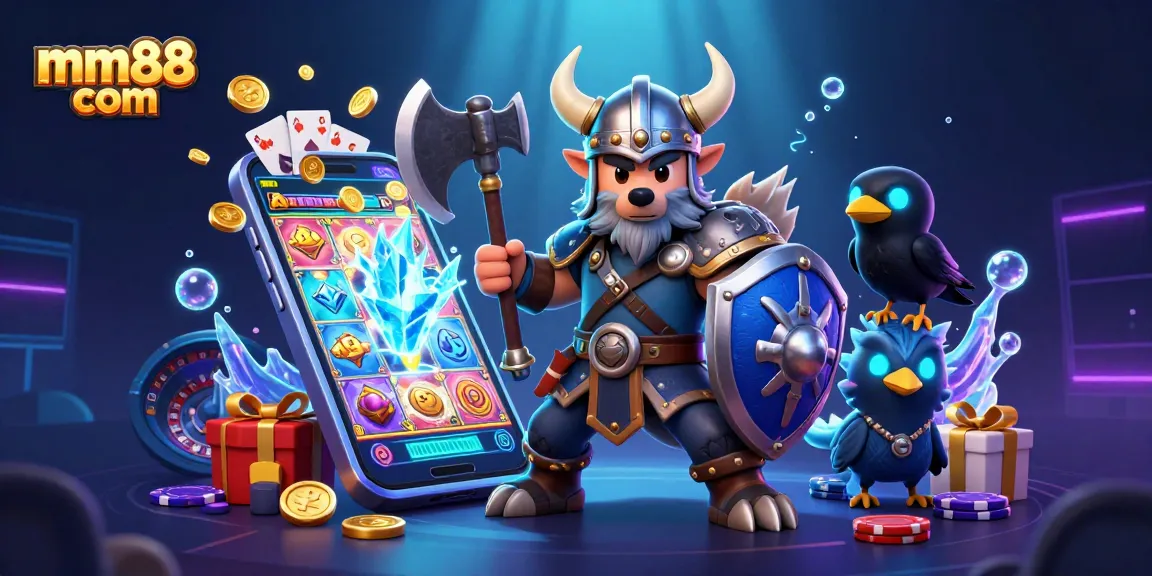 Experience the thrill at mm88 com with a 3D Viking warrior and dragon amidst gaming elements.
