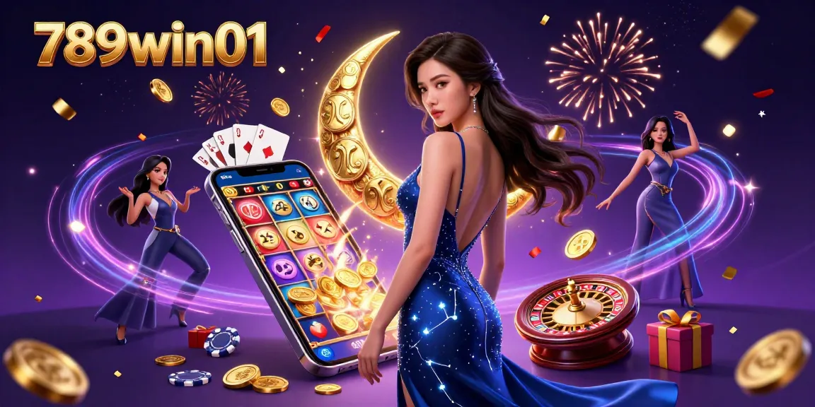 Experience thrilling gaming moments with 789win01 in this vibrant, casino-themed illustration.