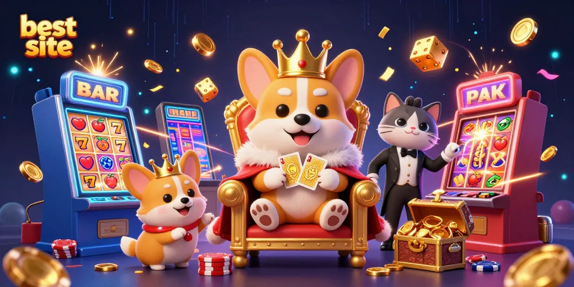 Best site features vibrant, exciting 3D casino illustration of corgis amidst jackpot excitement.