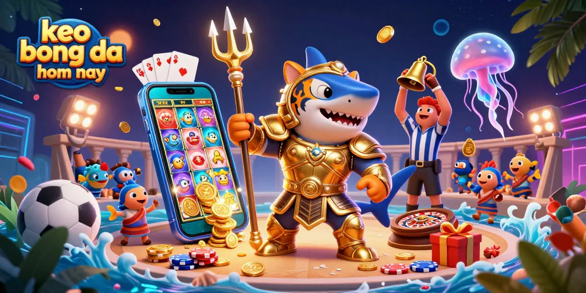 Engaging scene showing keo bong da hom nay with dynamic sports elements, colorful slot games, and cheerful characters.