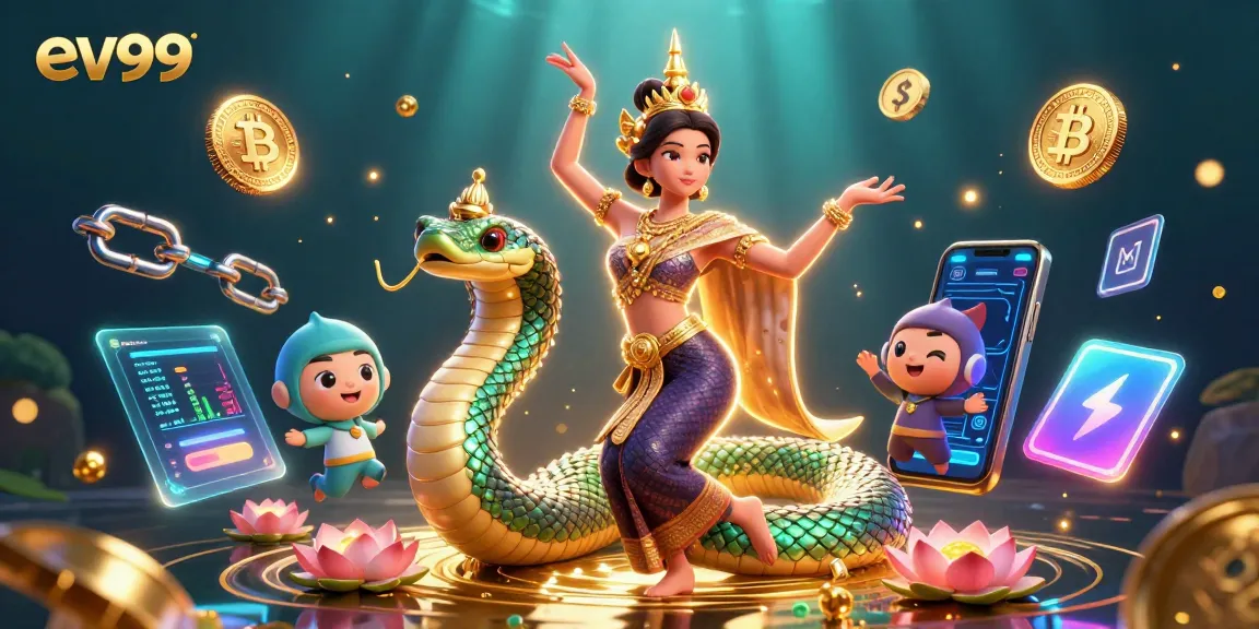 Join the exciting games at ev99 with vibrant Asian visuals, crypto elements, and casino themes.