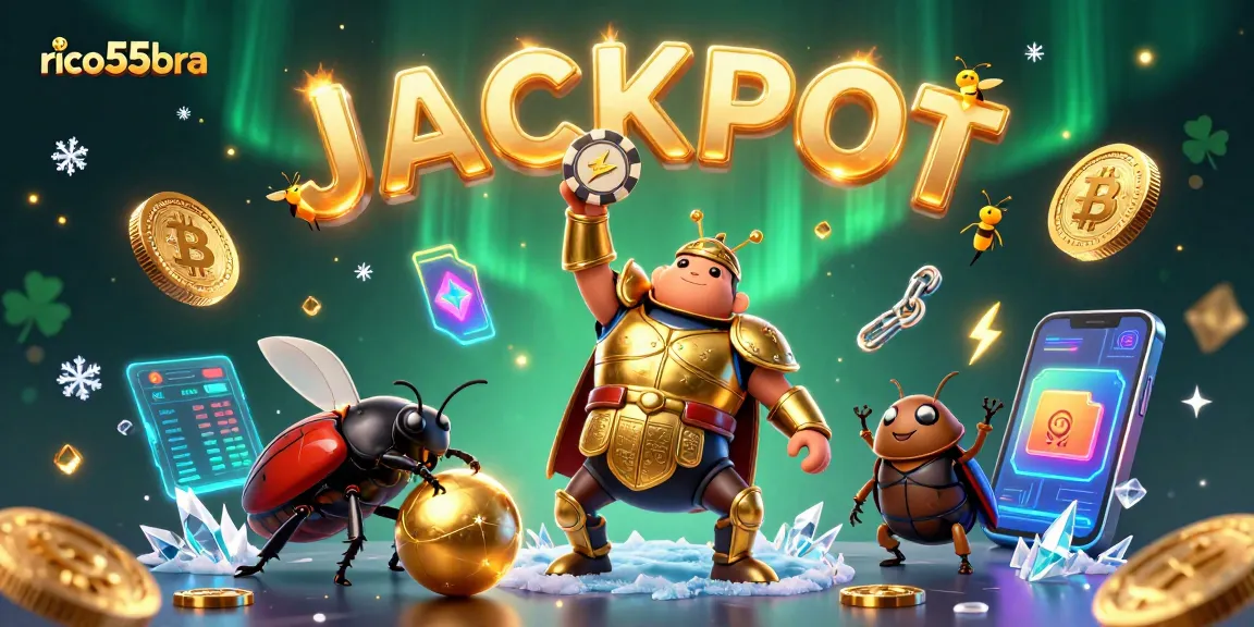 Experience thrills at rico55bra with a victorious hercules beetle celebrating a poker win amidst glowing crypto coins.