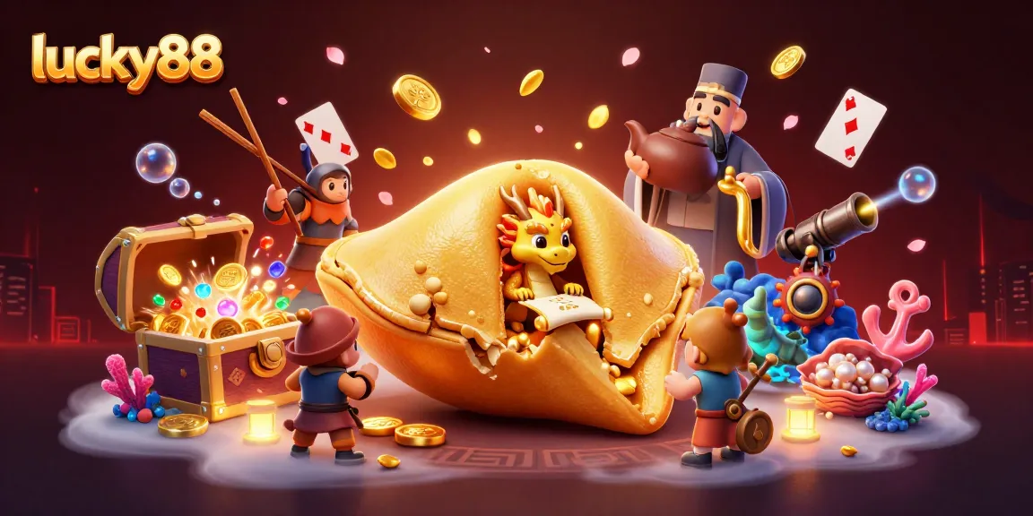 Engage with lucky88’s vibrant casino-themed illustration featuring a dynamic golden fortune cookie scene.