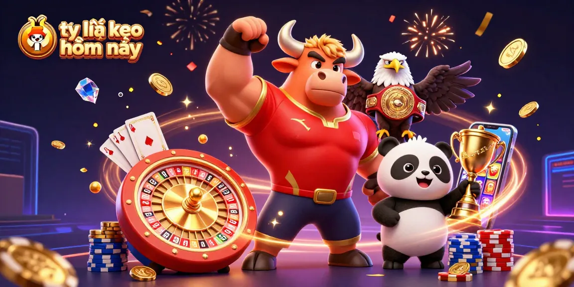 Experience exhilarating gameplay with tỷ lệ kèo nhà cái hôm nay celebrated by a victorious bull mascot and friends.