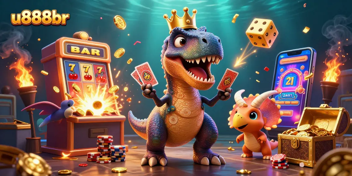 Win big with thrilling casino games at u888br featuring adorable dinosaur characters stacking chips.
