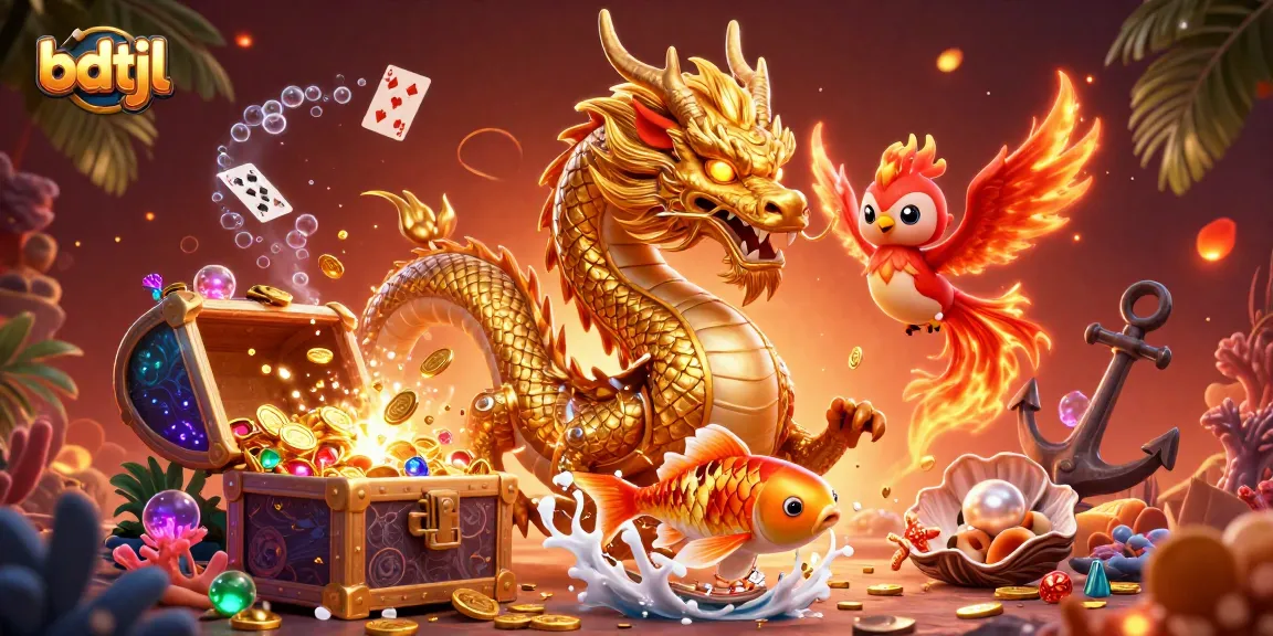 Experience the thrill of bdtjl with a fierce dragon, phoenix, and koi fish in a vibrant casino scene.
