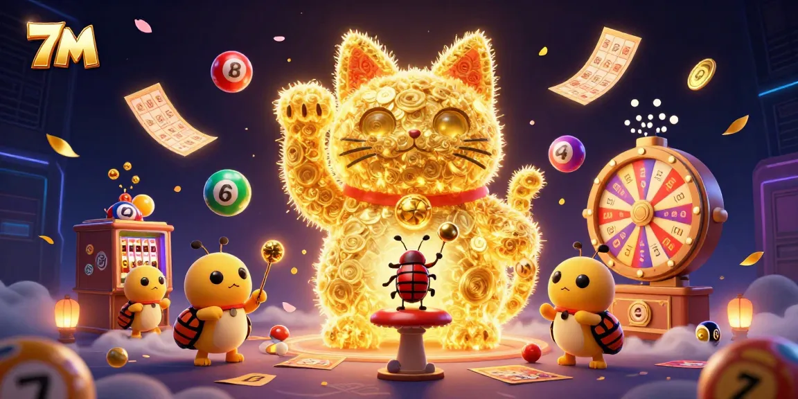 Experience the excitement of 7M with a vibrant, colorful lottery scene featuring dynamic casino symbols.