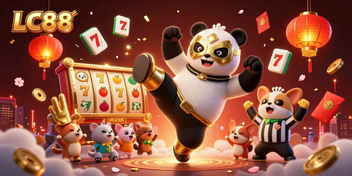 LC88 showcases a dynamic casino scene with a panda wrestler and gambling symbols, emphasizing exciting gaming action.