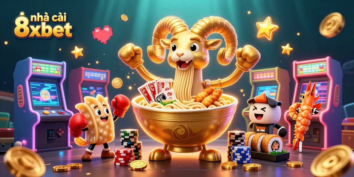 Engage with nhà cái 8xbet as a giant ramen bowl deals cards and stacks chips in a vibrant casino scene.